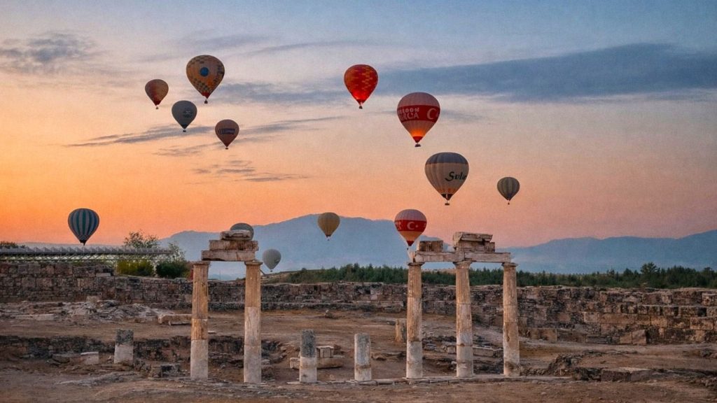 Hot air balloons over ancient Hierapolis ruins at sunset during Antalya Hot Air Balloon and Pamukkale Tour