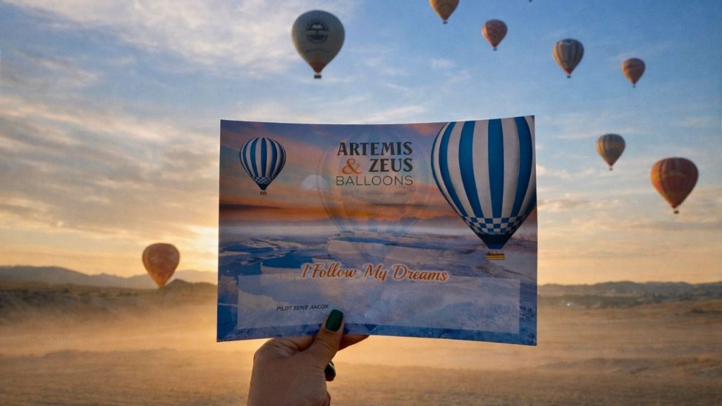 Official hot air balloon flight certificate with balloons in background at Pamukkale