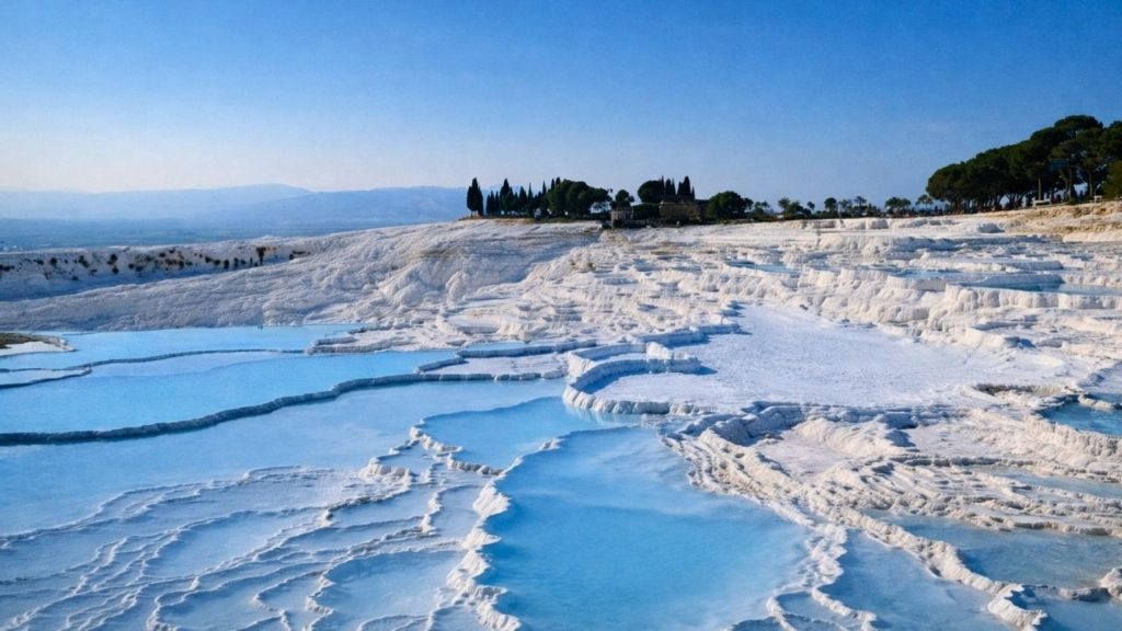 White travertines and blue thermal pools of Pamukkale during Antalya Lake Salda and Pamukkale Tour