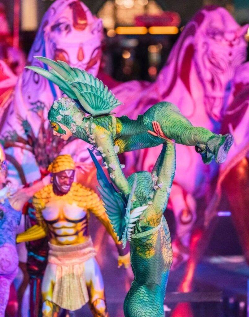 Acrobatic performers in fantasy costumes at Land of Legends Night Show Antalya