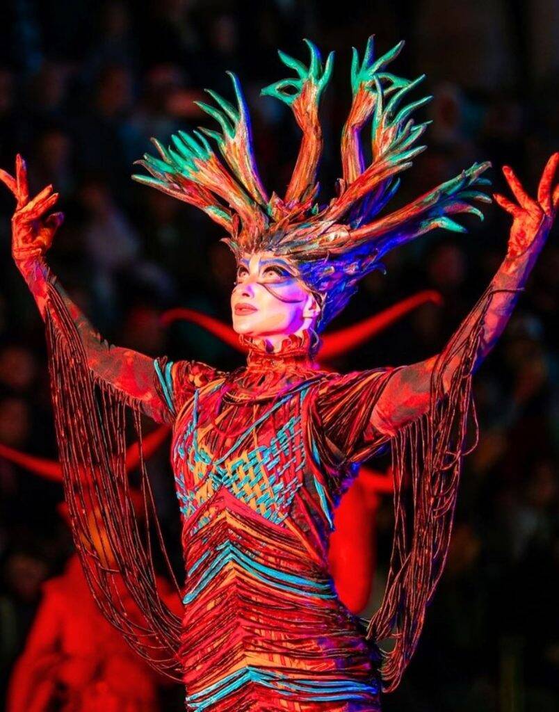 Dramatic fantasy character performer in elaborate costume at Land of Legends Night Show Antalya