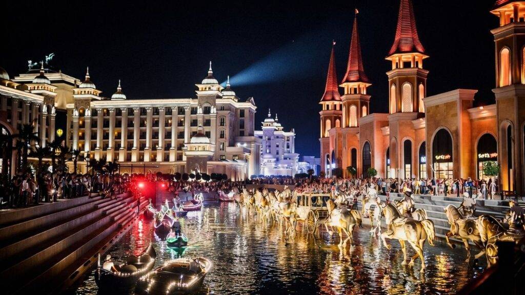 Land of Legends castle illuminated at night with horse carriages and water canal show in Antalya