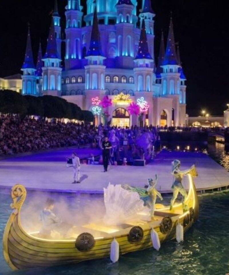 Land of Legends Night Show Antalya with illuminated castle water performances and costumed performers