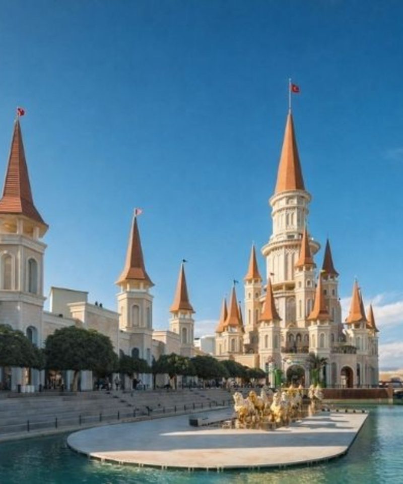Land of Legends theme park Antalya with castle entrance rides and water attractions