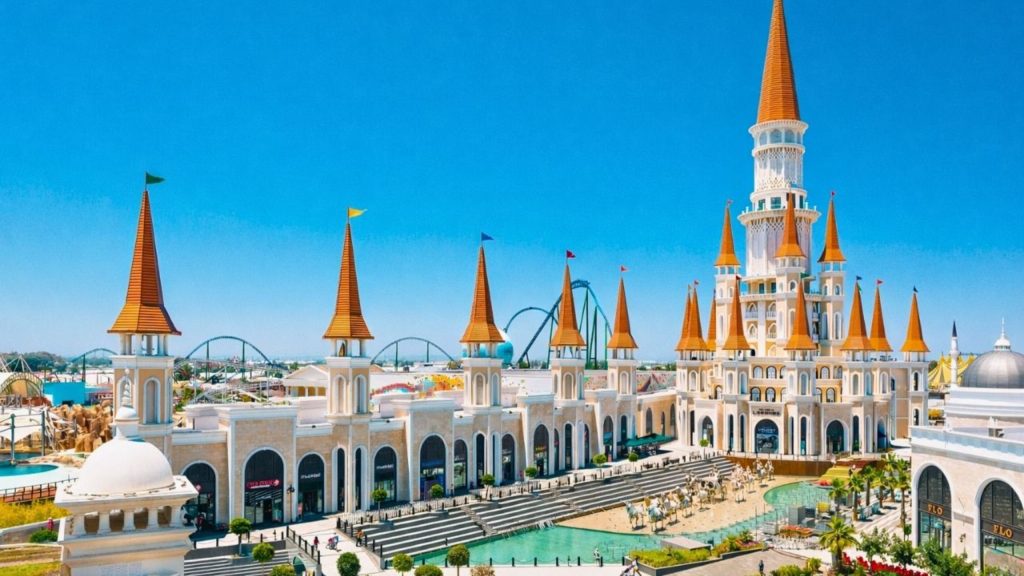 High-speed roller coaster looping over Land of Legends theme park in Antalya