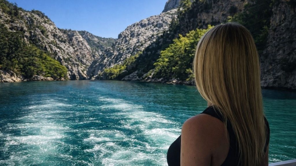 Green Canyon Manavgat turquoise lake view from boat with rocky mountains behind