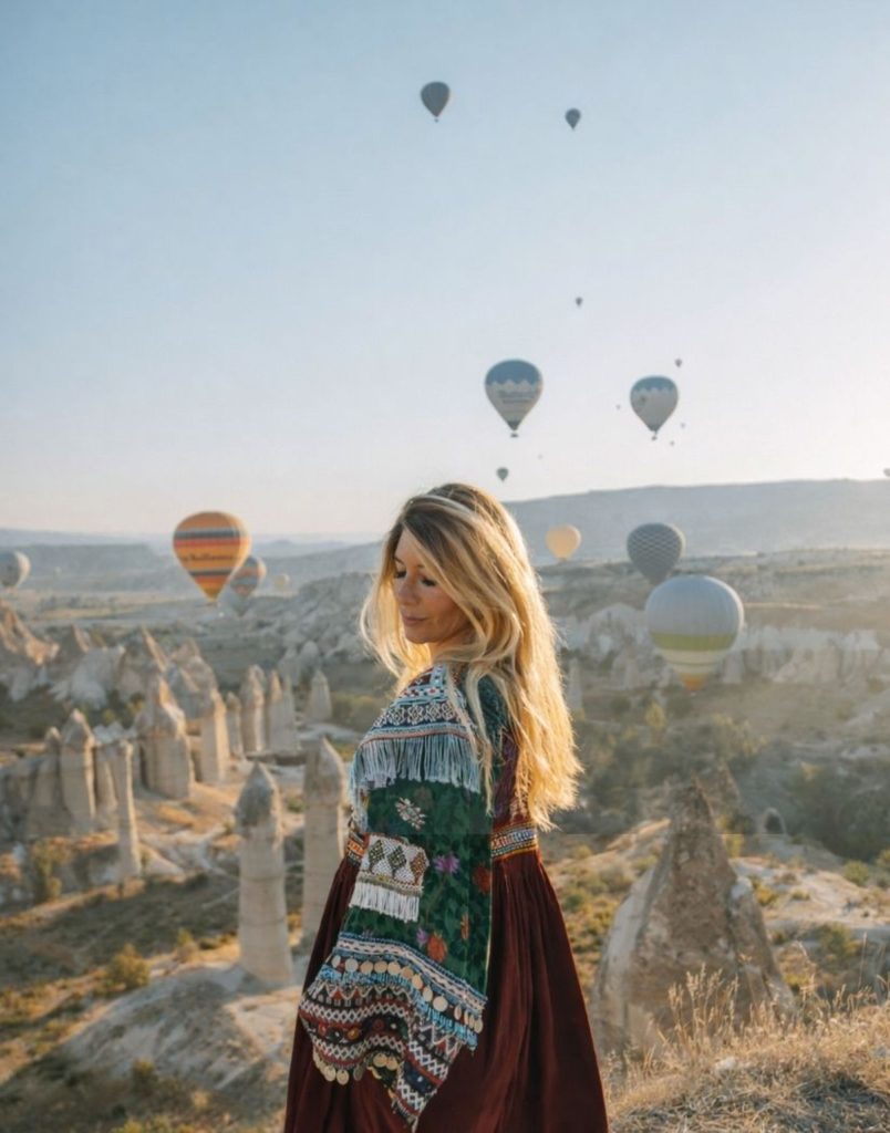 Hot air balloons floating over Cappadocia fairy chimneys at sunrise