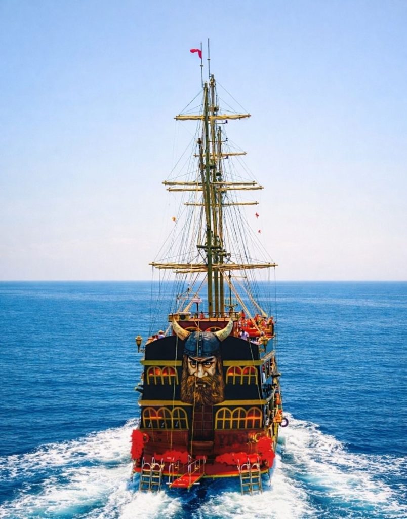 Viking pirate boat sailing on open Mediterranean sea seen from above