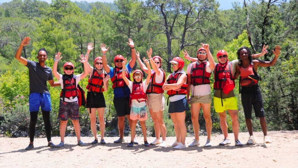 Rafting group with life jackets and helmets ready for the adventure near Alanya