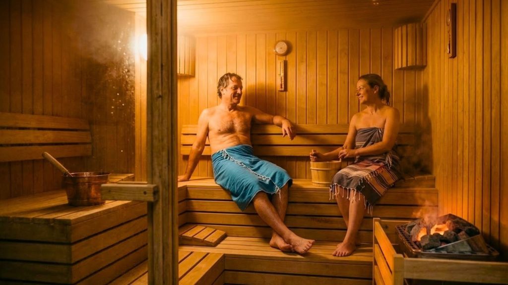 Warm wooden sauna room with hot stones at Alanya Turkish Bath