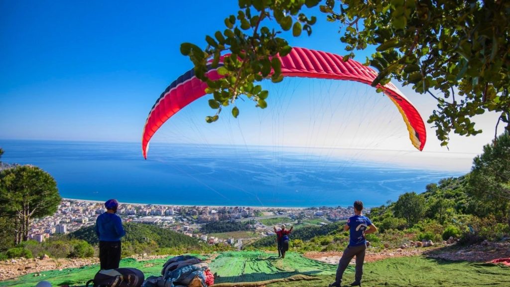 Paragliding launch point on the mountain above Alanya with Mediterranean sea view