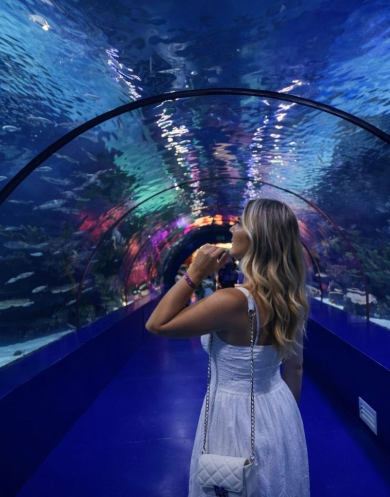 antalya aquarium from side 131 meter underwater tunnel with fish and blue lighting overhead