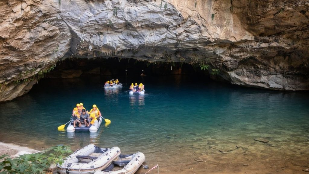 side altinbesik cave tour inflatable boats with helmets entering the cave over turquoise water