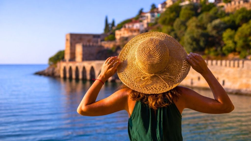 Visitor enjoying view of Alanya harbour with historic Seljuk shipyard on Alanya city tour