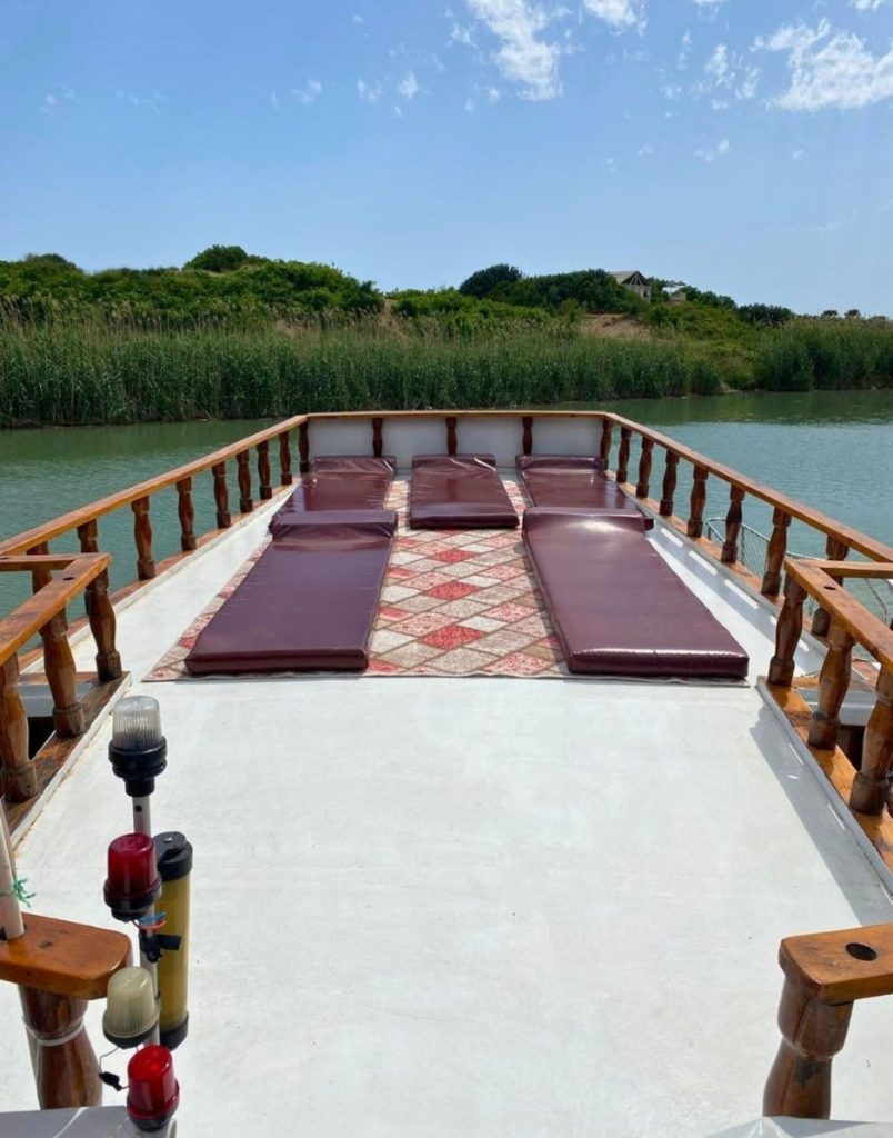 Comfortable sundeck with cushions on the Alanya fishing boat