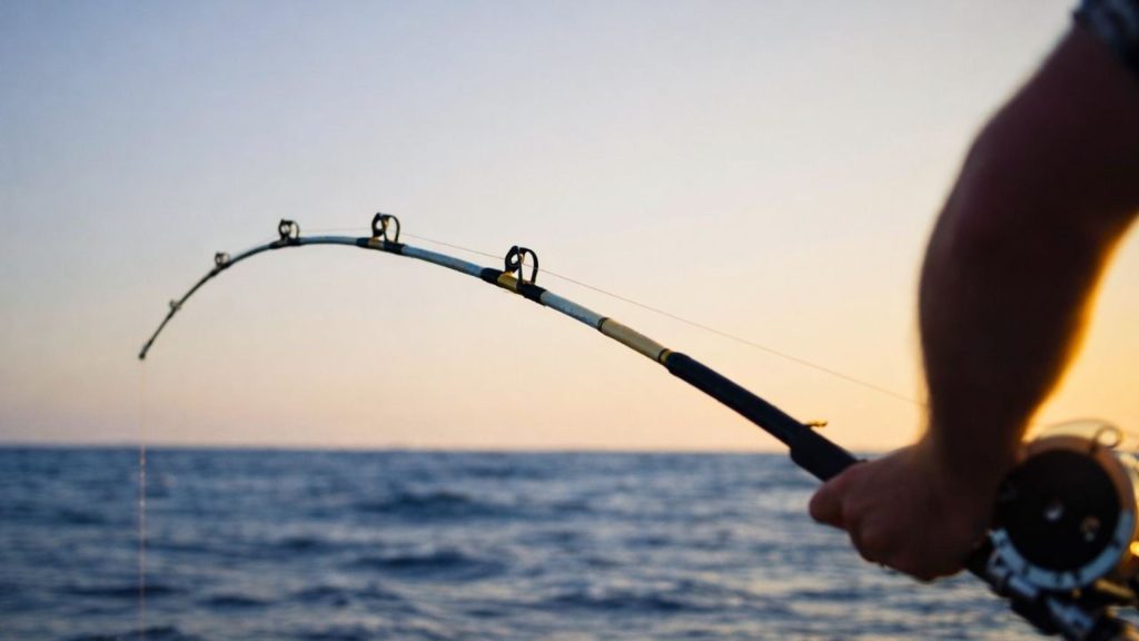 Fishing rod bent over the Mediterranean Sea at sunset on Alanya fishing tour