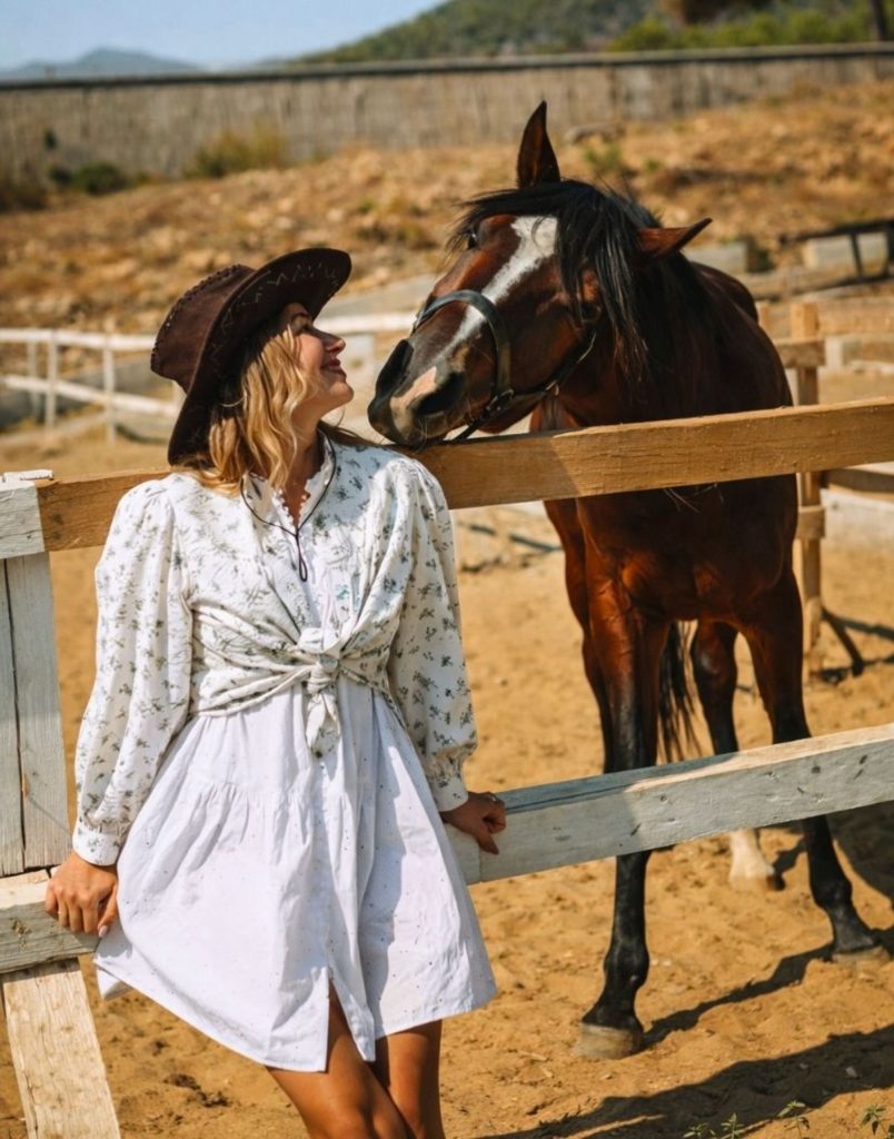 Visitor with cowboy hat meeting brown horse at ranch fence in Alanya