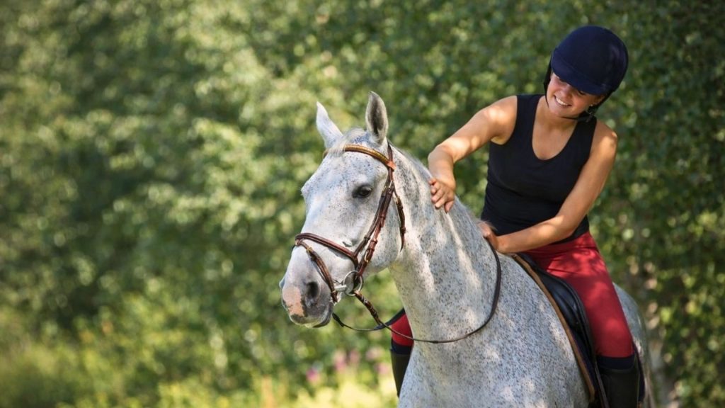 Smiling rider on grey horse through green forest on Alanya horse riding safari