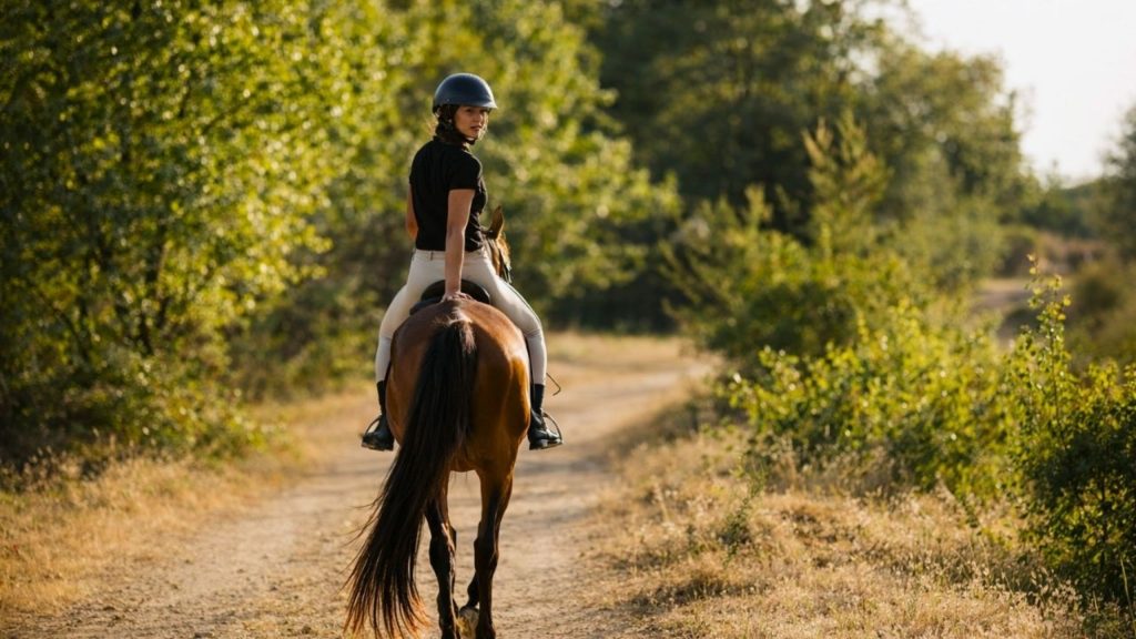 Rider on brown horse along scenic dirt trail in Taurus Mountains Alanya