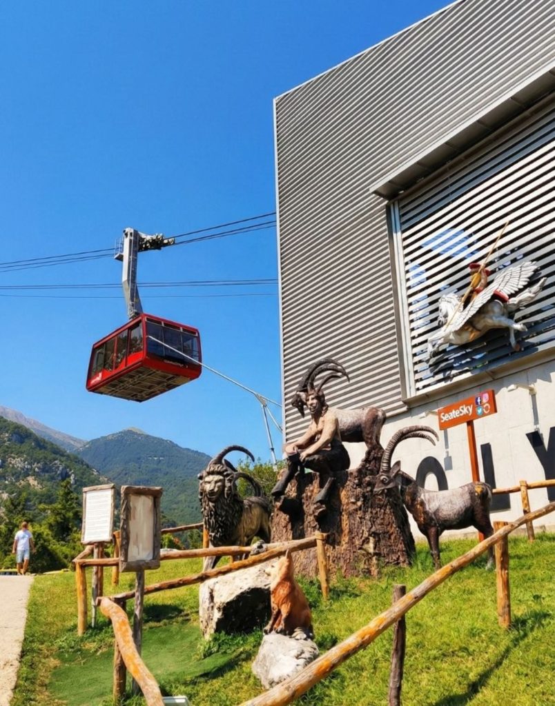 Olympos Cable Car station with mythological statues at base of Tahtali Mountain in Antalya