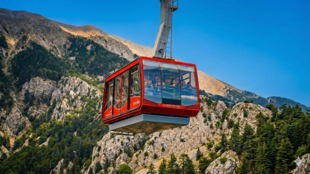 Olympos Cable Car cabin with Taurus Mountains in background in Antalya