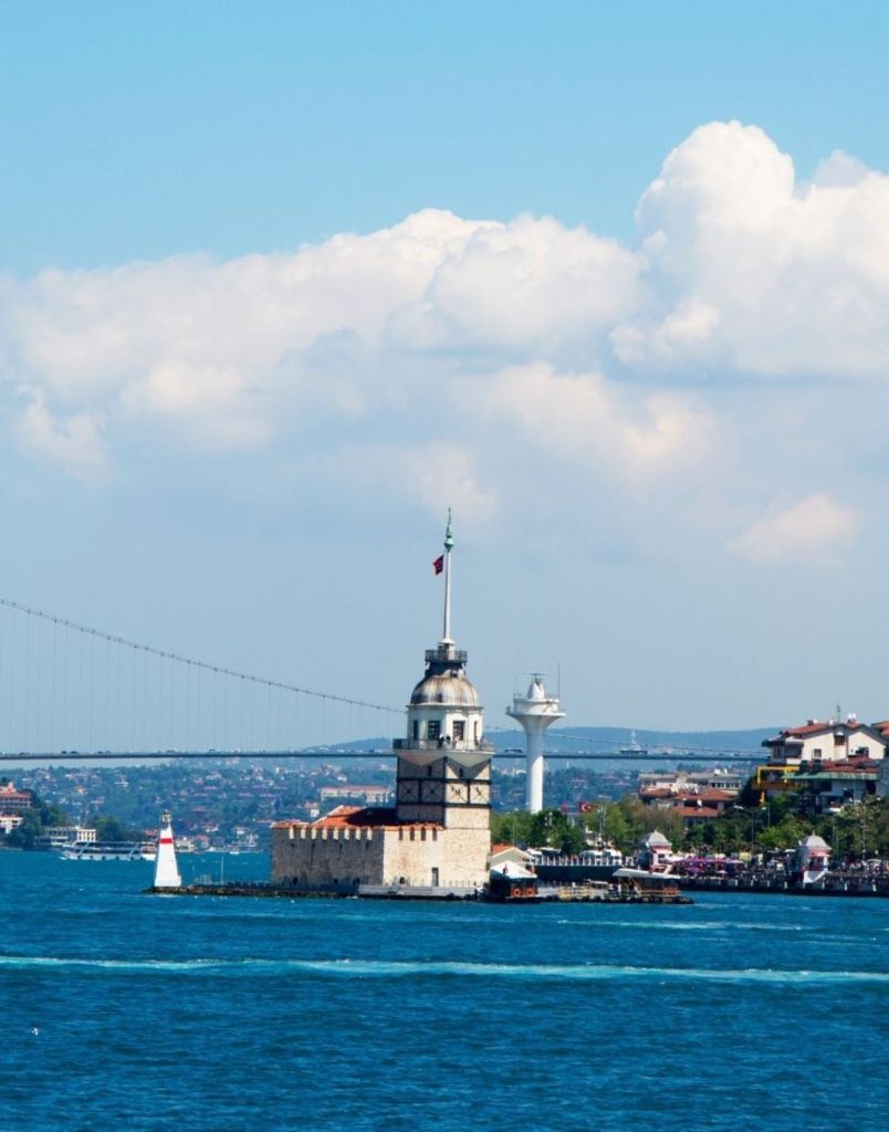 Maiden Tower and Bosphorus Bridge view from Istanbul waterfront
