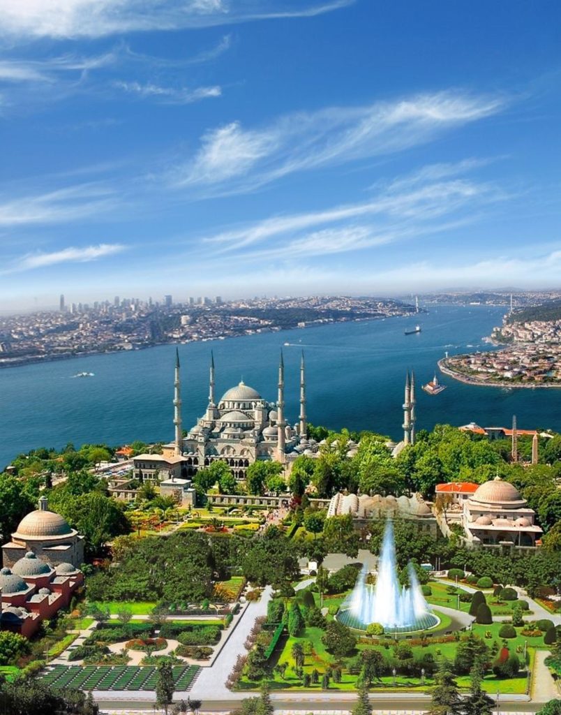 Aerial view of Blue Mosque Sultanahmet and Bosphorus strait in Istanbul