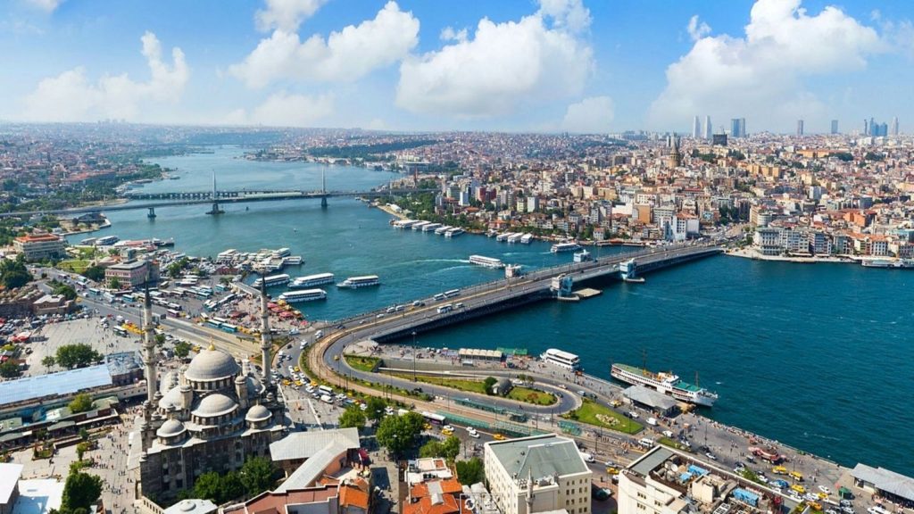Panoramic aerial view of Istanbul Golden Horn with bridges and historic mosques