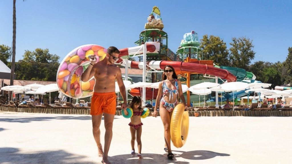 Family day at Water Hill Aquapark in Antalya with colorful water slides
