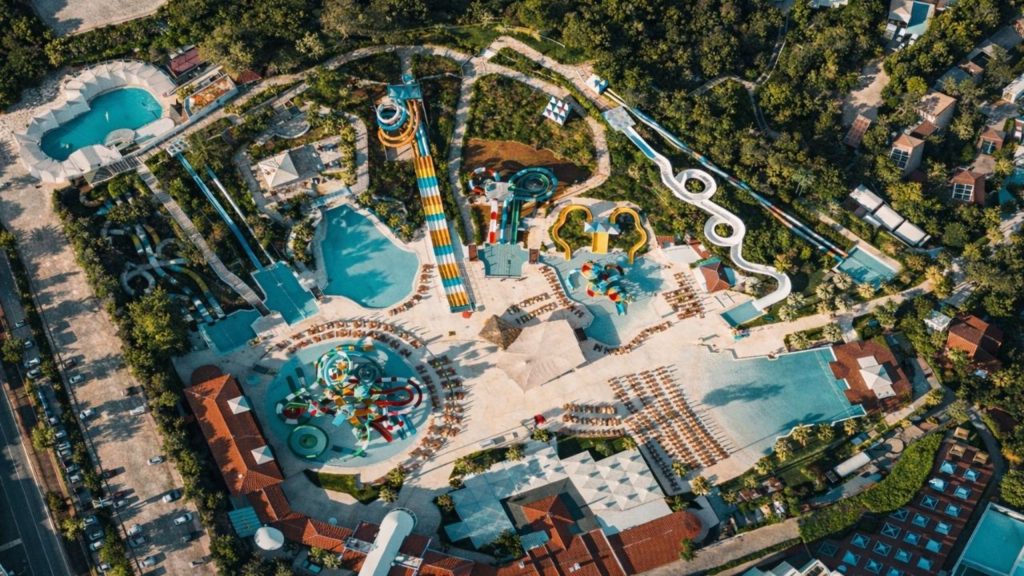 Aerial view of Water Hill Aquapark in Antalya with slides pools and attractions