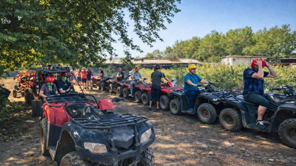 belek quad biking safari starting point with quads lined up under the trees