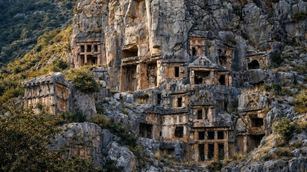 Aerial view of ancient Myra Theatre with rock tombs above during Demre Myra Kekova Tour from Antalya