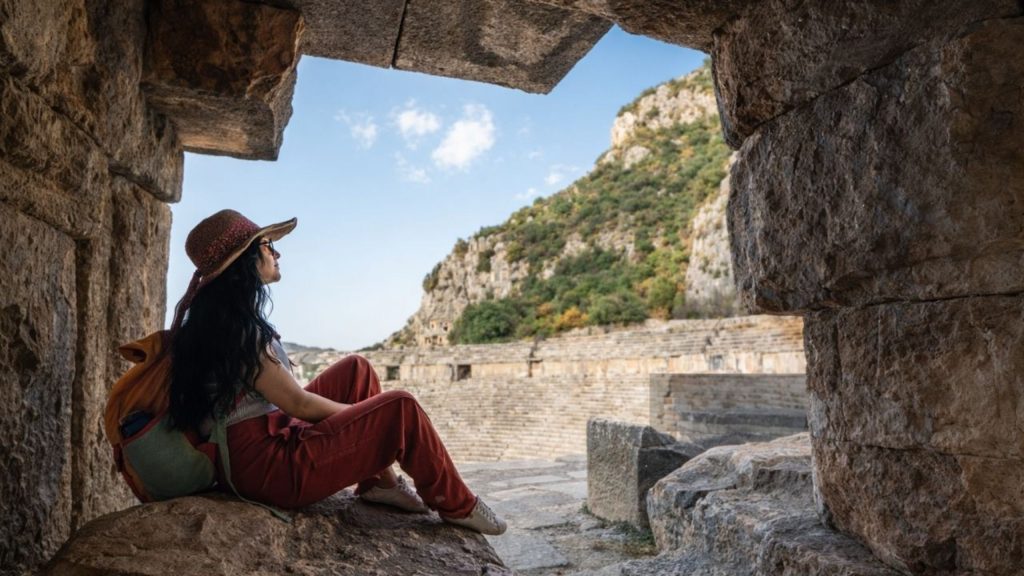 Lycian rock tombs of Myra in golden light during Demre Myra Kekova Tour from Antalya