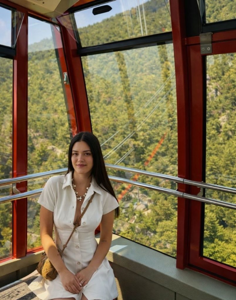 olympos cable car view from inside the gondola with green forest visible through glass windows