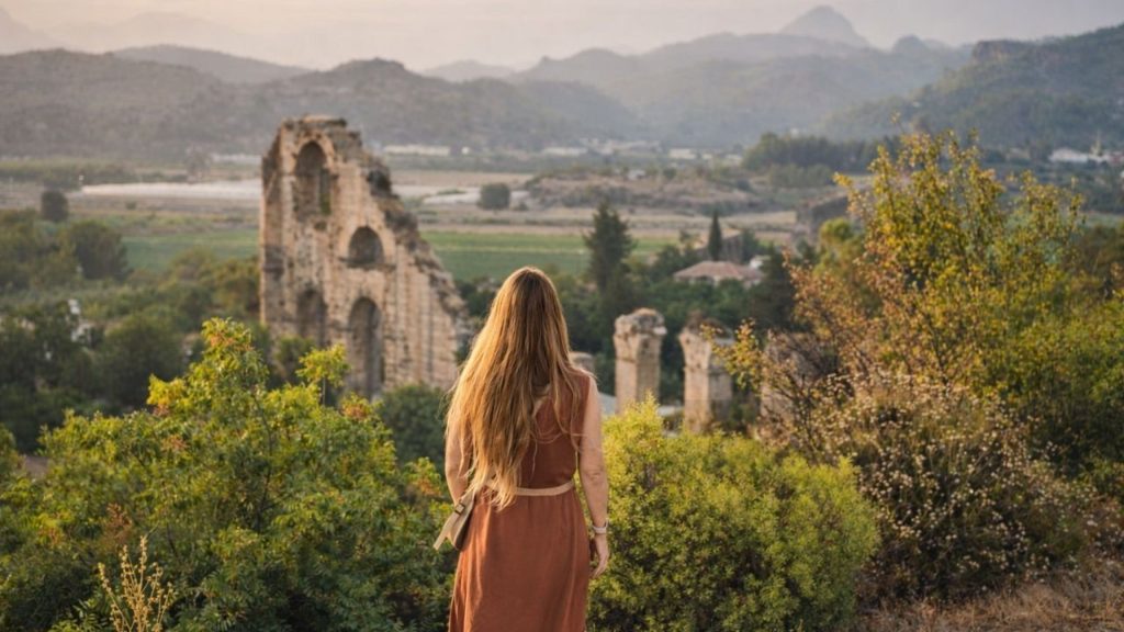 Visitor looking at ancient aqueduct ruins with Taurus Mountains in the background