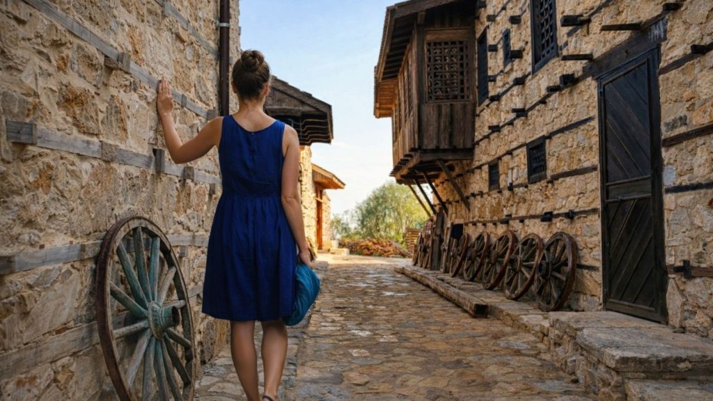Visitor walking through cobblestone streets of traditional Taurus Mountain village on Alanya tour