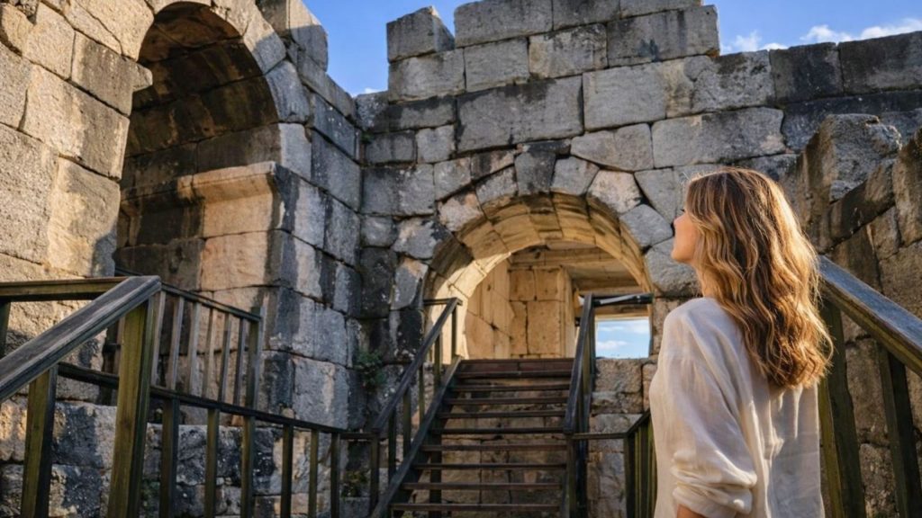 Stone archway entrance to ancient Myra Theatre archaeological site Demre