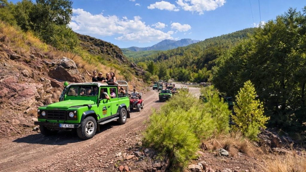 Belek jeep safari convoy on mountain dirt road through Taurus Mountains pine forest