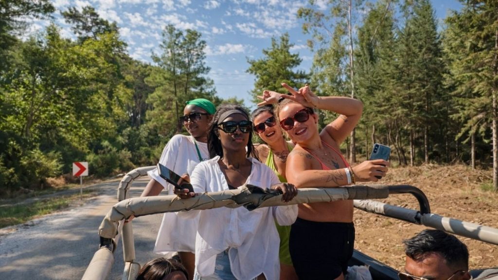 Belek jeep safari open top Land Rover through pine forest trail fun adventure
