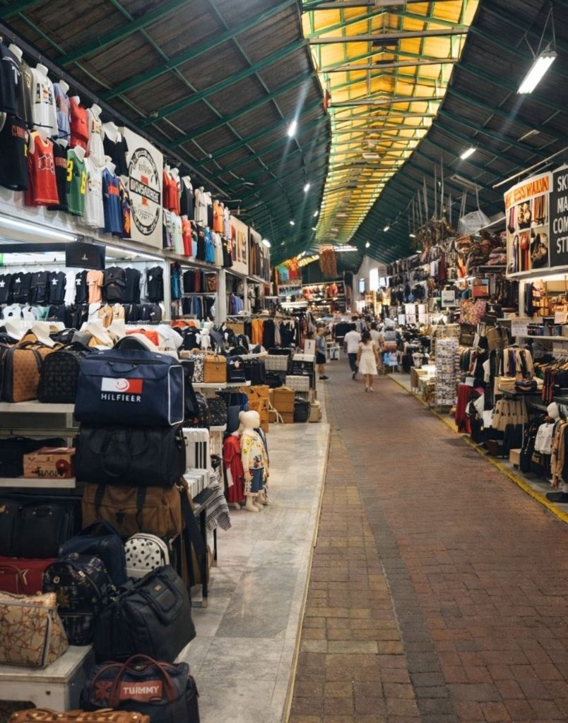 Manavgat bazaar covered market with clothing bags souvenirs and local shops