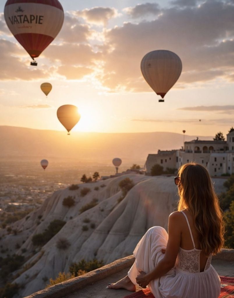 Cappadocia sunset with hot air balloons floating over valley terrace view