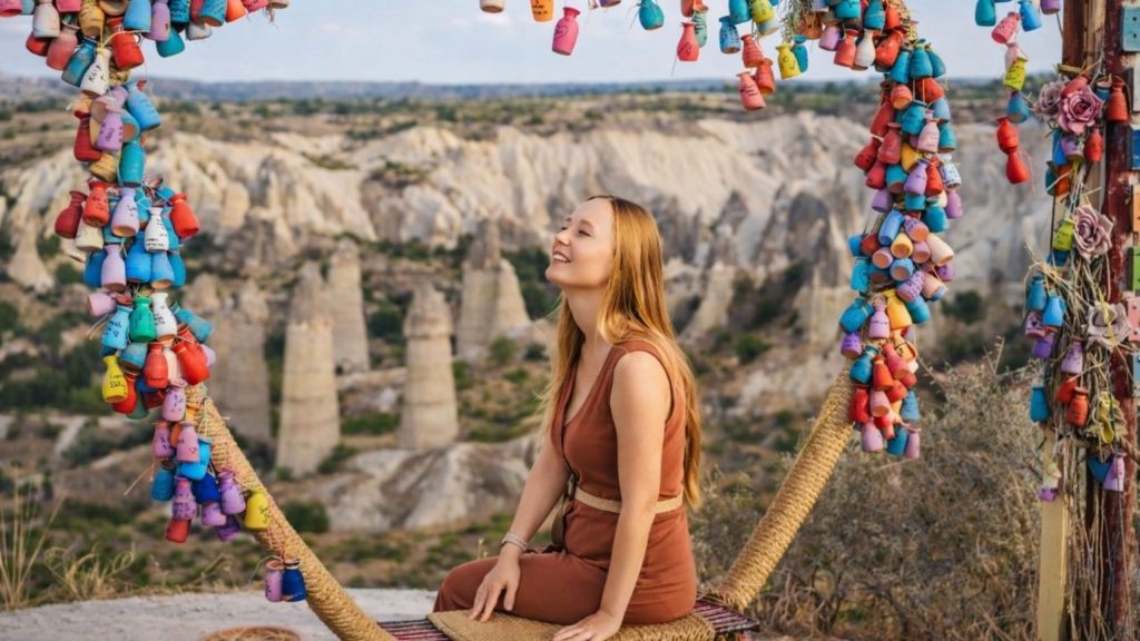 Cappadocia Love Valley viewpoint with colourful pottery and fairy chimneys panorama