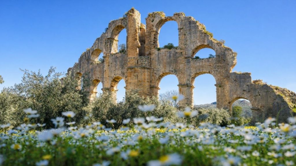 Ancient Aspendos Aqueduct ruins surrounded by daisies and olive trees