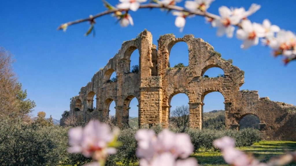 manavgat aspendos side tour roman aqueduct ruins with arches among olive trees and spring blossoms