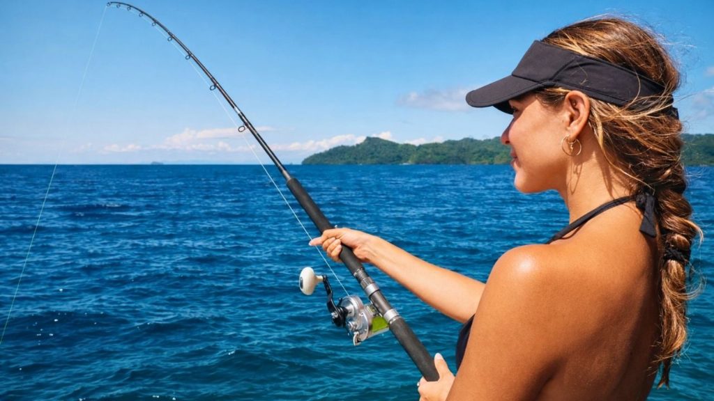 fishing rod bent over deep blue mediterranean sea during sea fishing in side tour