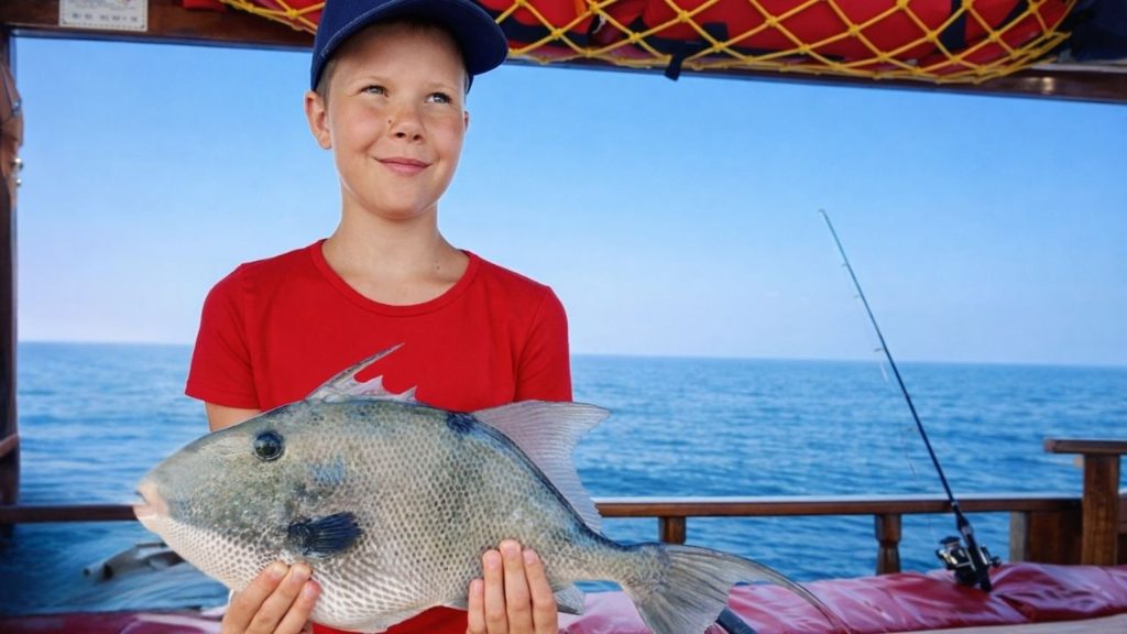 fresh caught fish on deck of wooden fishing boat during sea fishing in side