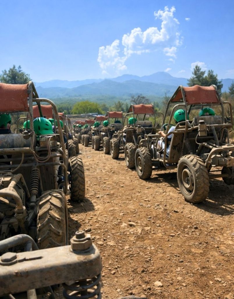Antalya buggy safari vehicles lined up with Taurus Mountains view ready for off-road adventure
