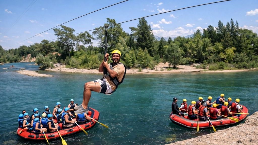 Antalya zipline over turquoise Koprulu Canyon river with rafting boats passing below