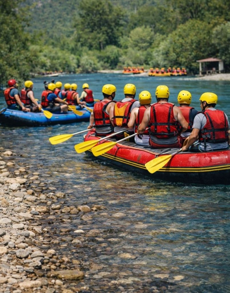 Antalya Koprulu Canyon multiple rafting boats on crystal clear river ready to start
