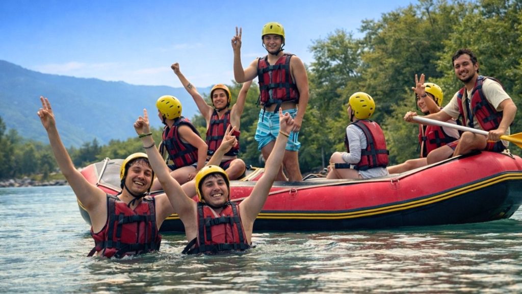 Antalya Koprulu Canyon rafting group swimming in turquoise river during break on combo tour